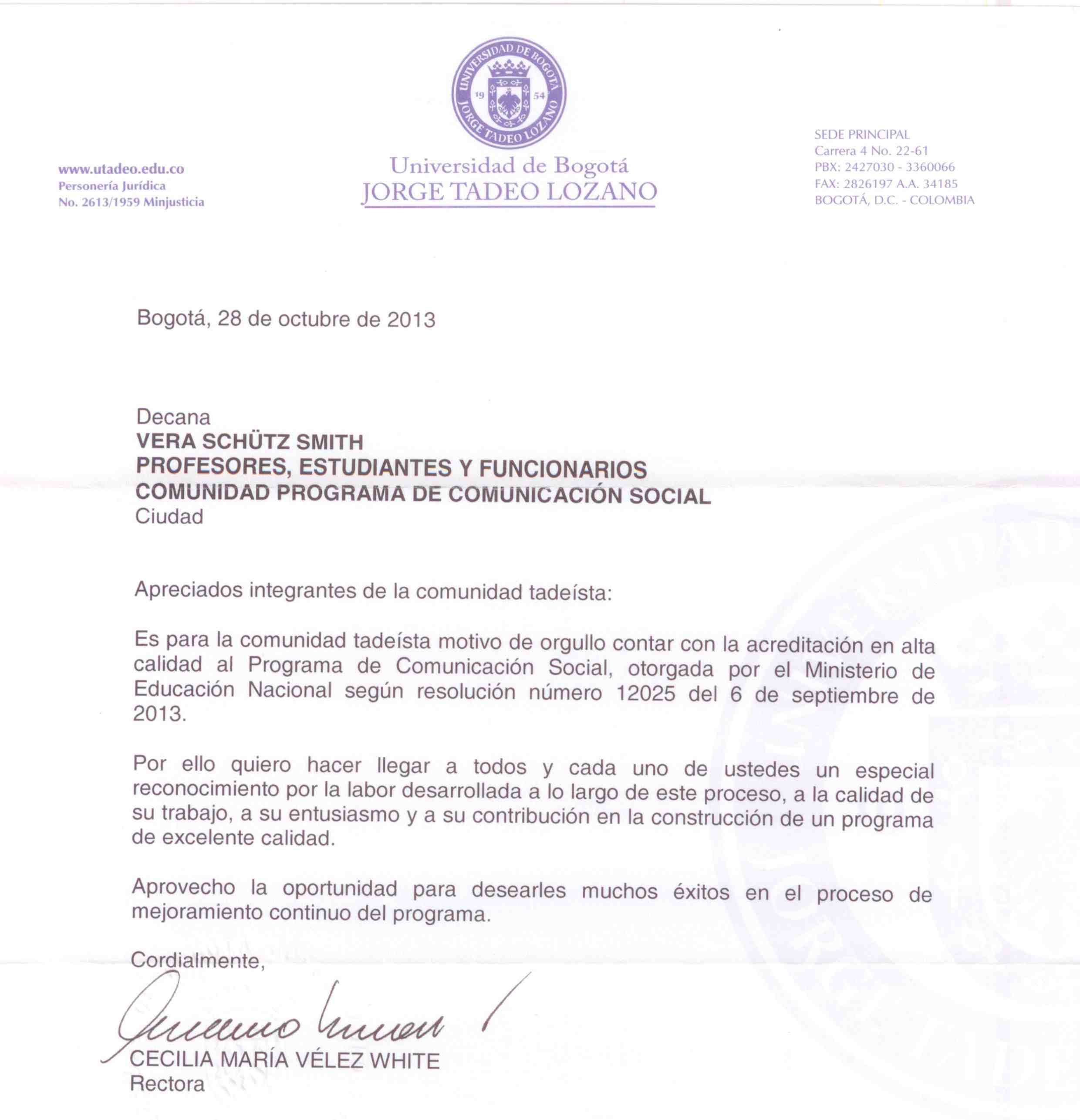 Carta de reconocimiento a la acreditación del Programa | Universidad de  Bogotá Jorge Tadeo Lozano