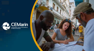 Logo de CEMarín junto a imagen de tres personas revisando apuntes de estudio