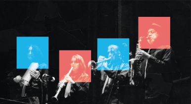 Cuatro músicos tocando el saxofón, el clarinete, la trompeta y la guacharaca.