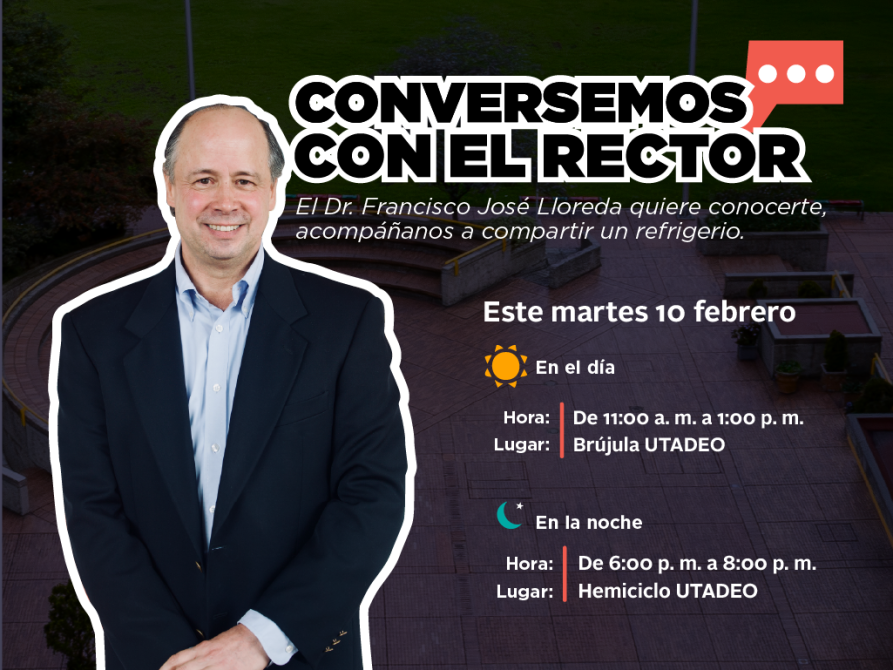 Foto del rector de Utadeo junto a la información de su conversatorio con los estudiantes. 