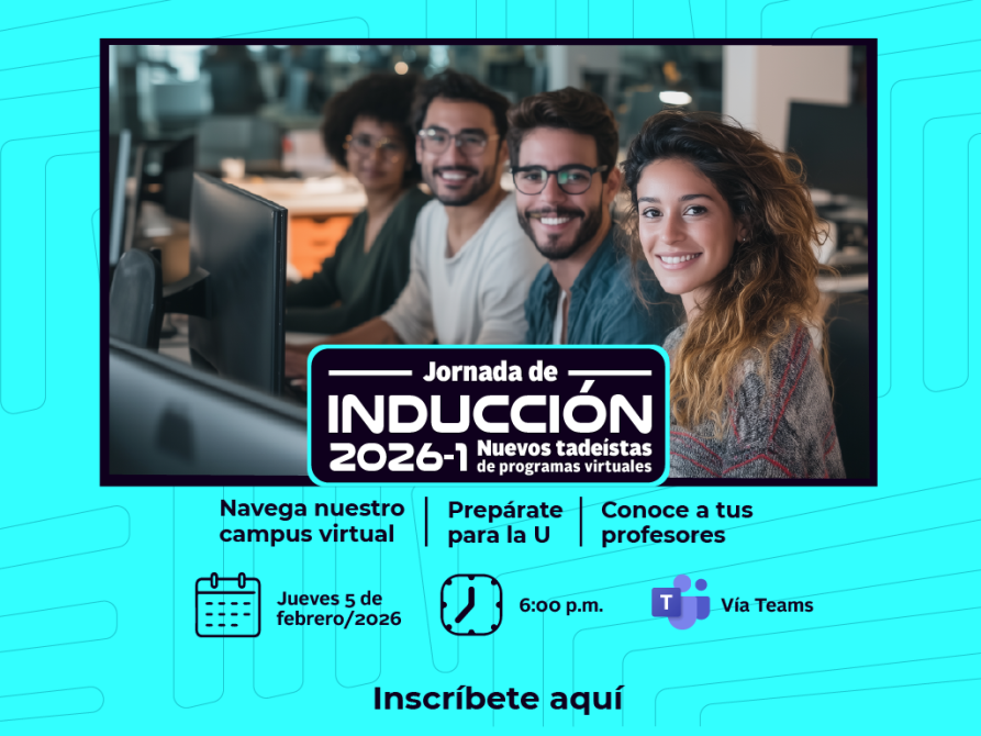 A la izquierda dos hombres y una mujer sentados frente a los computadores. A la derecha la información de las inducciones para estudiantes virtuales.