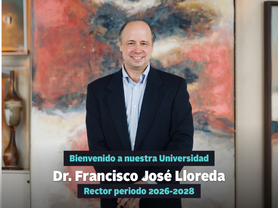 Foto de Francisco José Lloreda, nuevo rector de Utadeo. En la parte inferior una placa con su nombre y el mensaje de bienvenida.