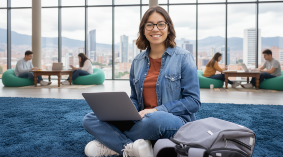 Estudiante universitaria trabajando en u computador
