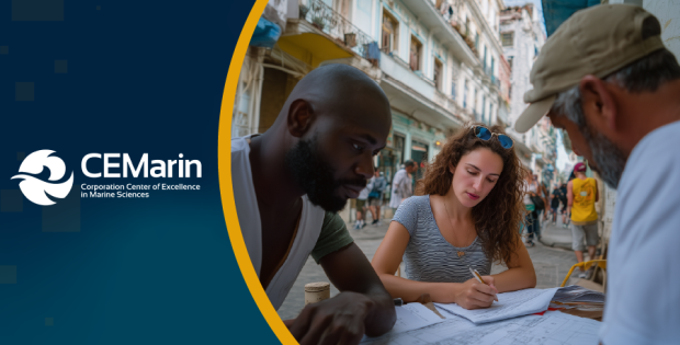 Logo de CEMarín junto a imagen de tres personas revisando apuntes de estudio