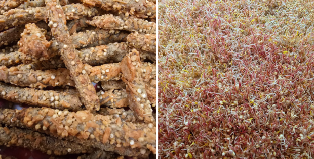 Mosaico que muestra el snack para celiacos listo para su consumo y en su fase de producción