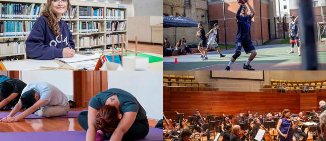 foto de una chica haciendo yoga, otro haciendo deporte y otro del auditorio Fabio Lozano en un concierto 