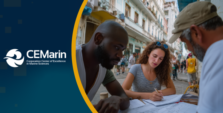 Logo de CEMarín junto a imagen de tres personas revisando apuntes de estudio