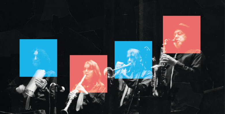 Cuatro músicos tocando el saxofón, el clarinete, la trompeta y la guacharaca.