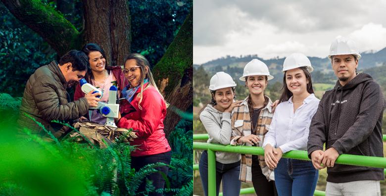 Estudiantes de Biología Ambiental en un bosque húmedo y a la derecha, estudiantes de Ingeniería Ambiental en salida de campo 