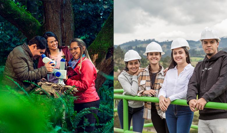 Estudiantes de Biología Ambiental en un bosque húmedo y a la derecha, estudiantes de Ingeniería Ambiental en salida de campo 
