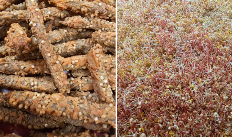 Mosaico que muestra el snack para celiacos listo para su consumo y en su fase de producción