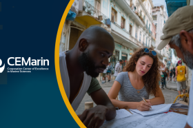 Bogotá, Colombia Logo de CEMarín junto a imagen de tres personas revisando apuntes de estudio