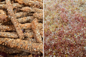 Mosaico que muestra el snack para celiacos listo para su consumo y en su fase de producción