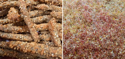 Mosaico que muestra el snack para celiacos listo para su consumo y en su fase de producción